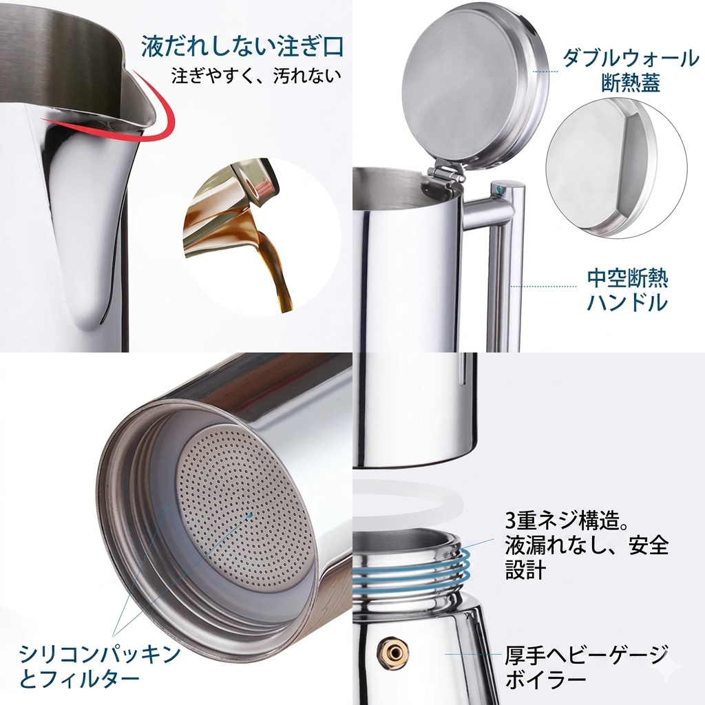 高級ステンレス製 直火式エスプレッソメーカー 4杯用 200ml マキネッタ IH対応