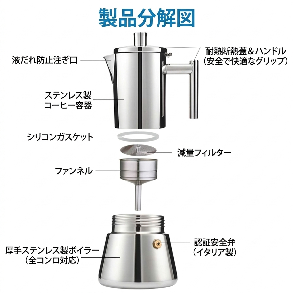 高級ステンレス製 直火式エスプレッソメーカー 4杯用 200ml マキネッタ IH対応